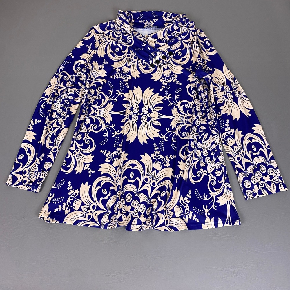 Lily by Firmiana Tunic‎ Top XL Blue Damask Cowl Neck Long Sleeve Button Detail